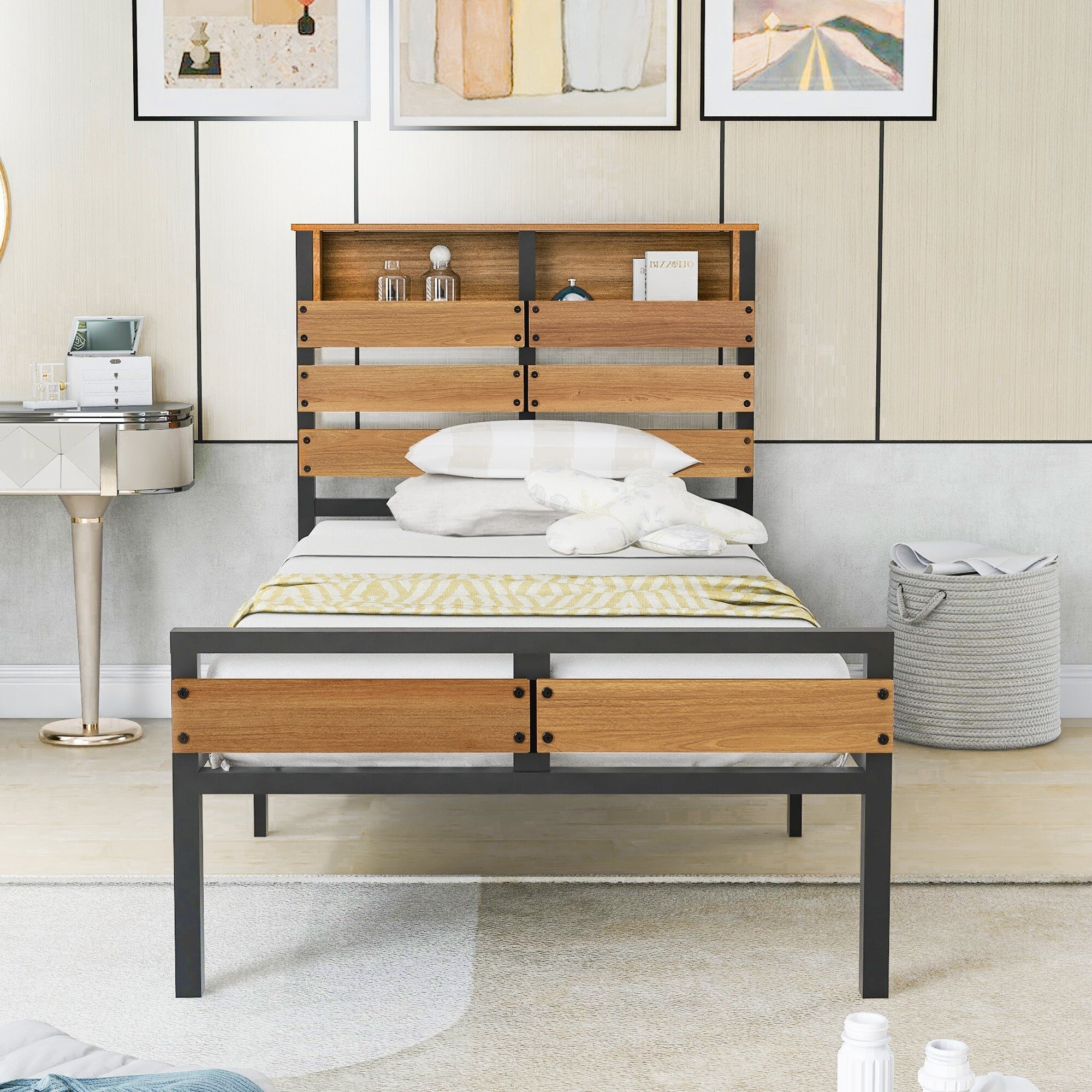 Details about   TWIN Size Metal Platform Bed Frame w/Wooden Headboard Rustic Country Style 