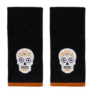 SKULL STARS AND ROSES UNIQUE SET OF 2 HAND TOWELS bathroom EMBROIDERED by laura 