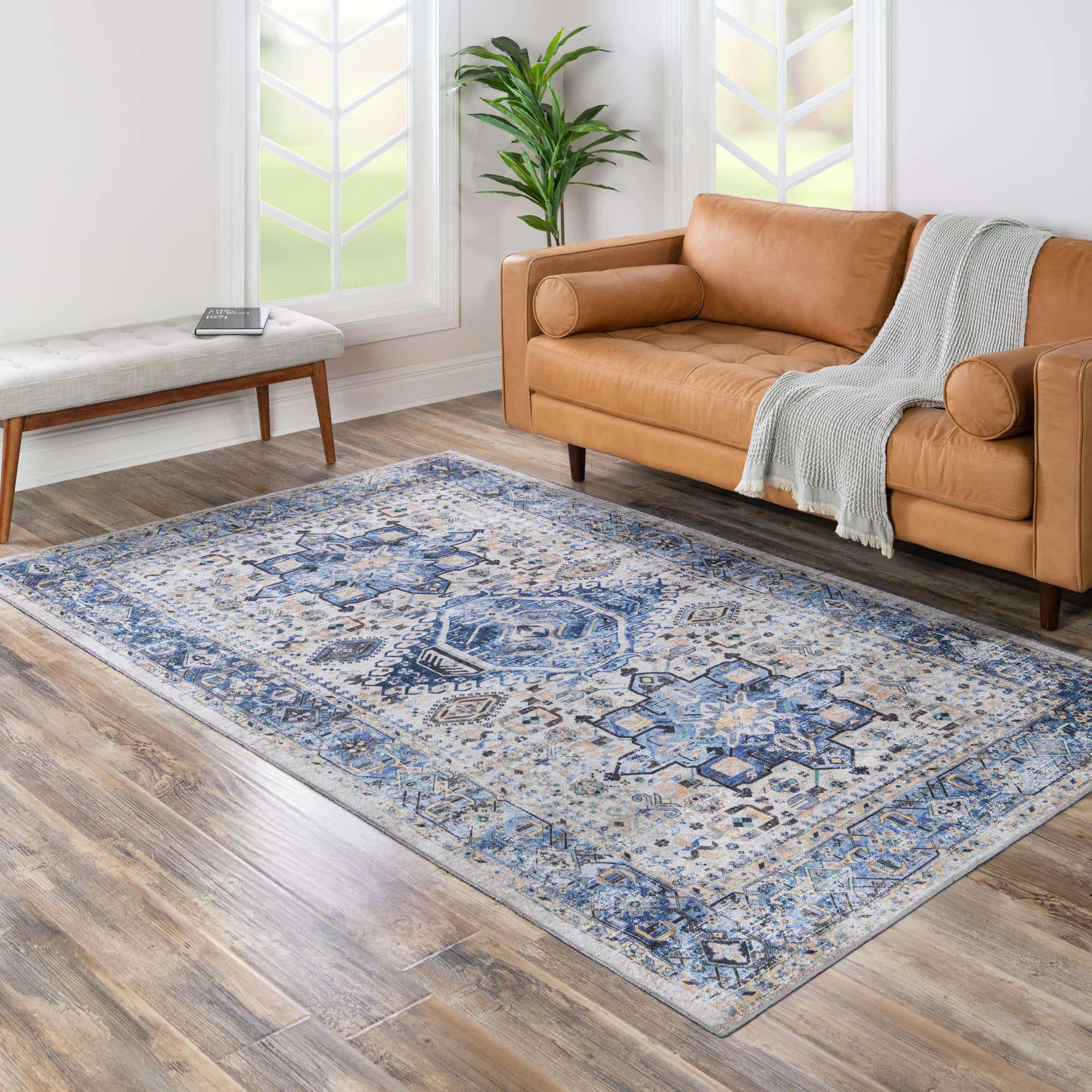 Bungalow Rose Obehi Power Loom Performance White/Blue Machine Washable