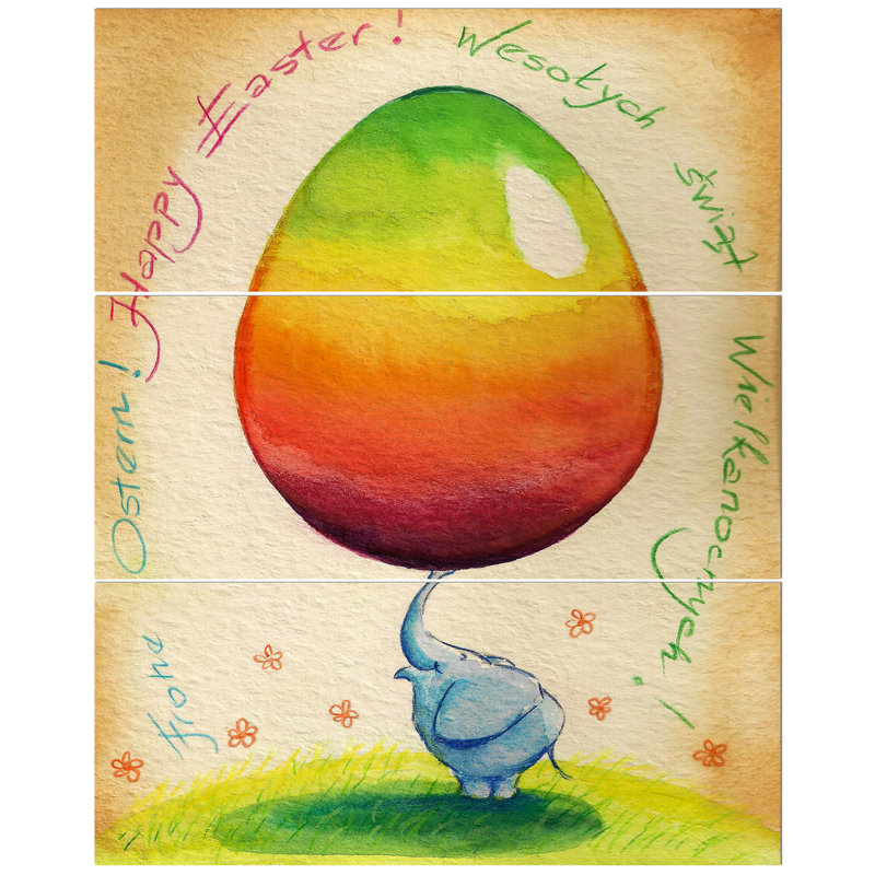 East Urban Home Blue Elephant With Easter Egg Oil Painting Print