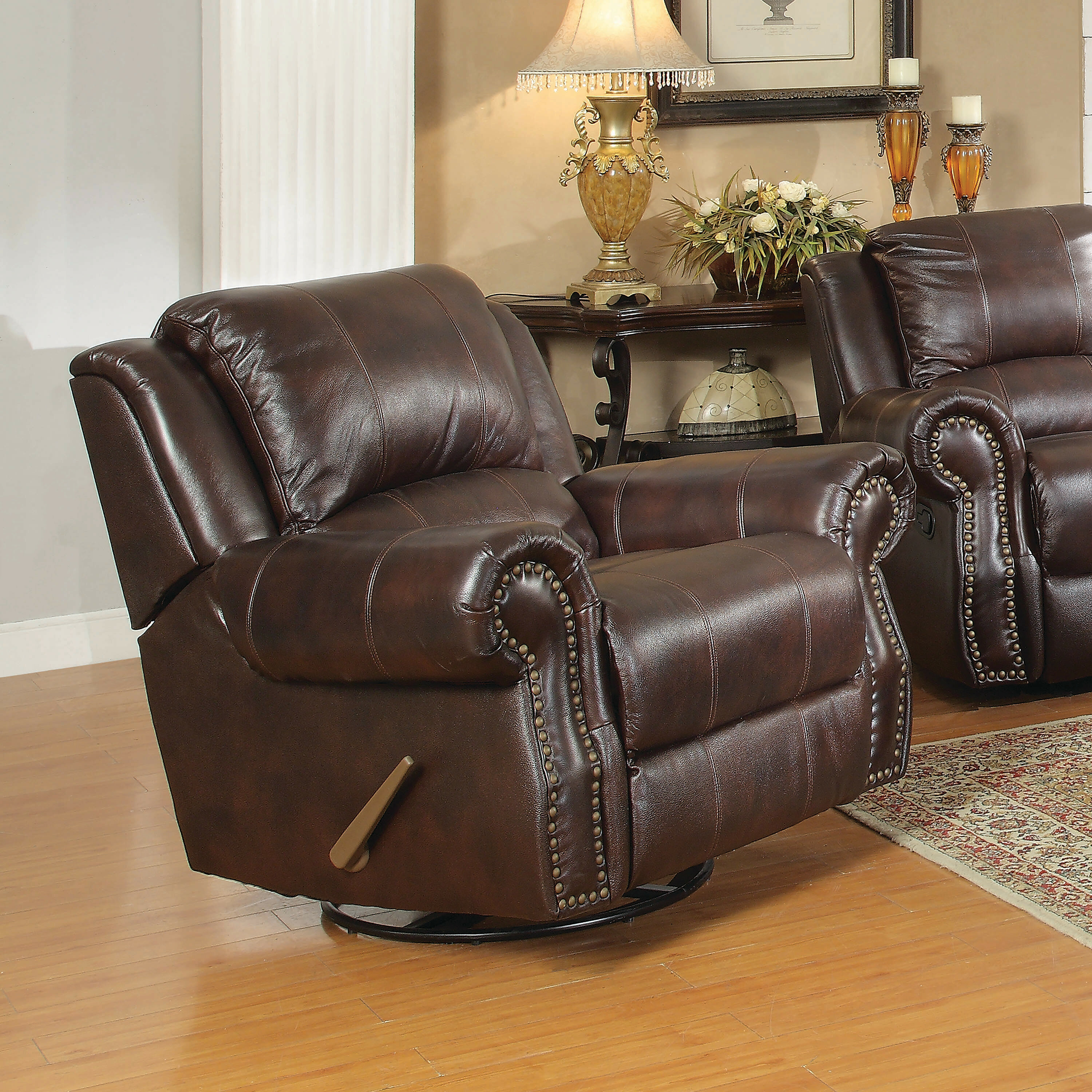 dark brown leather swivel recliner