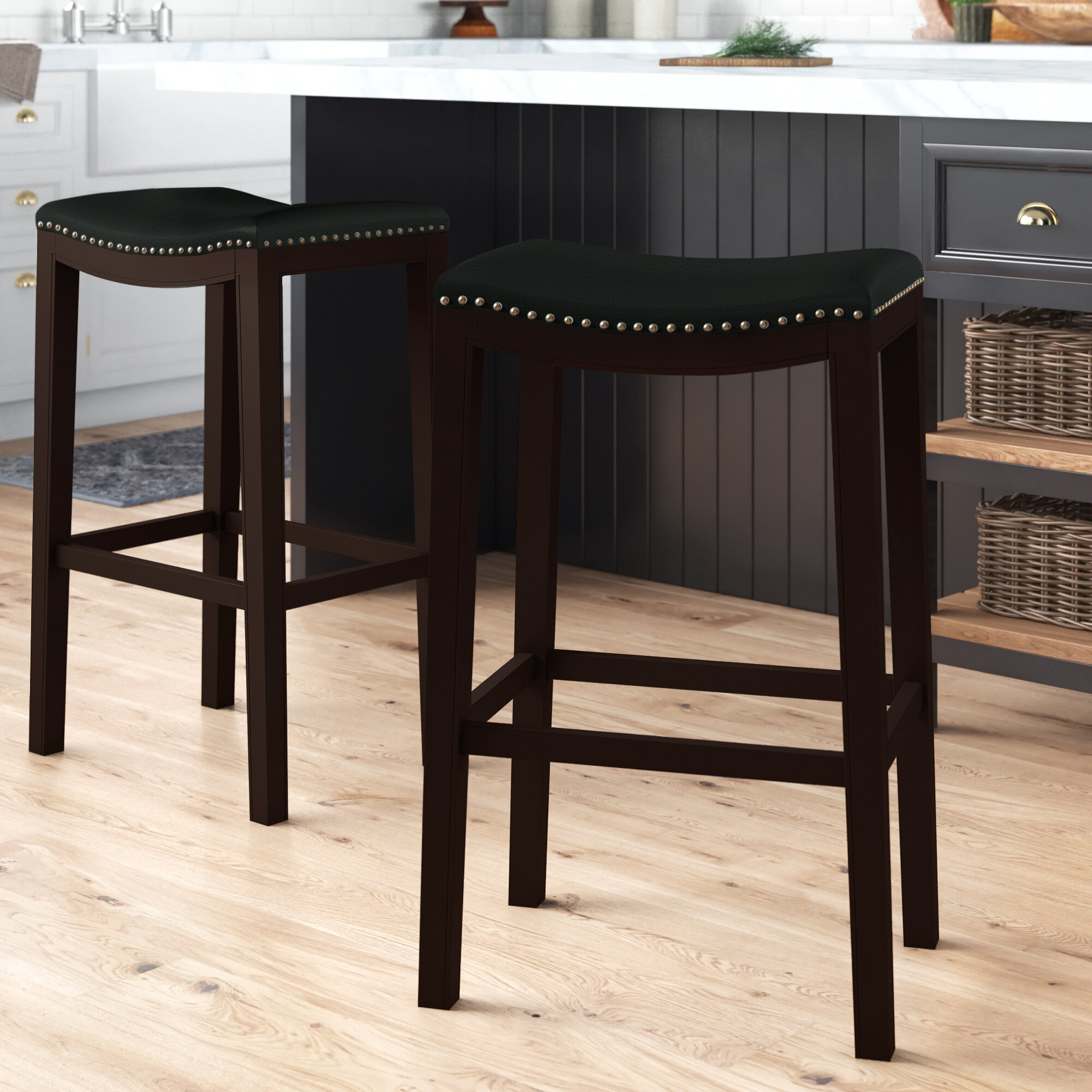 2 Pcs 29" Bar Stools Solid Pine Wood Kitchen Dining Room Saddle Seat Black 