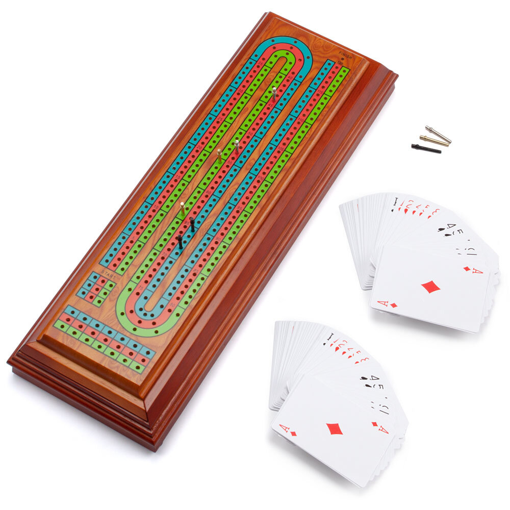 3 Track Wooden Cribbage Score Board by Bicycle Playing Cards Wood Game w/ Pegs 