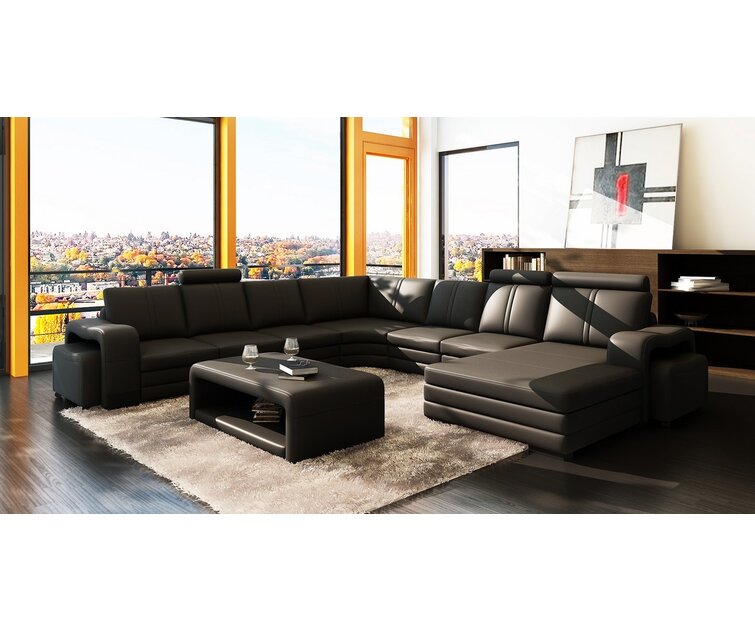 Black Italian Leather Sectional Sofa with Headrest Matching Table and Ottomans 