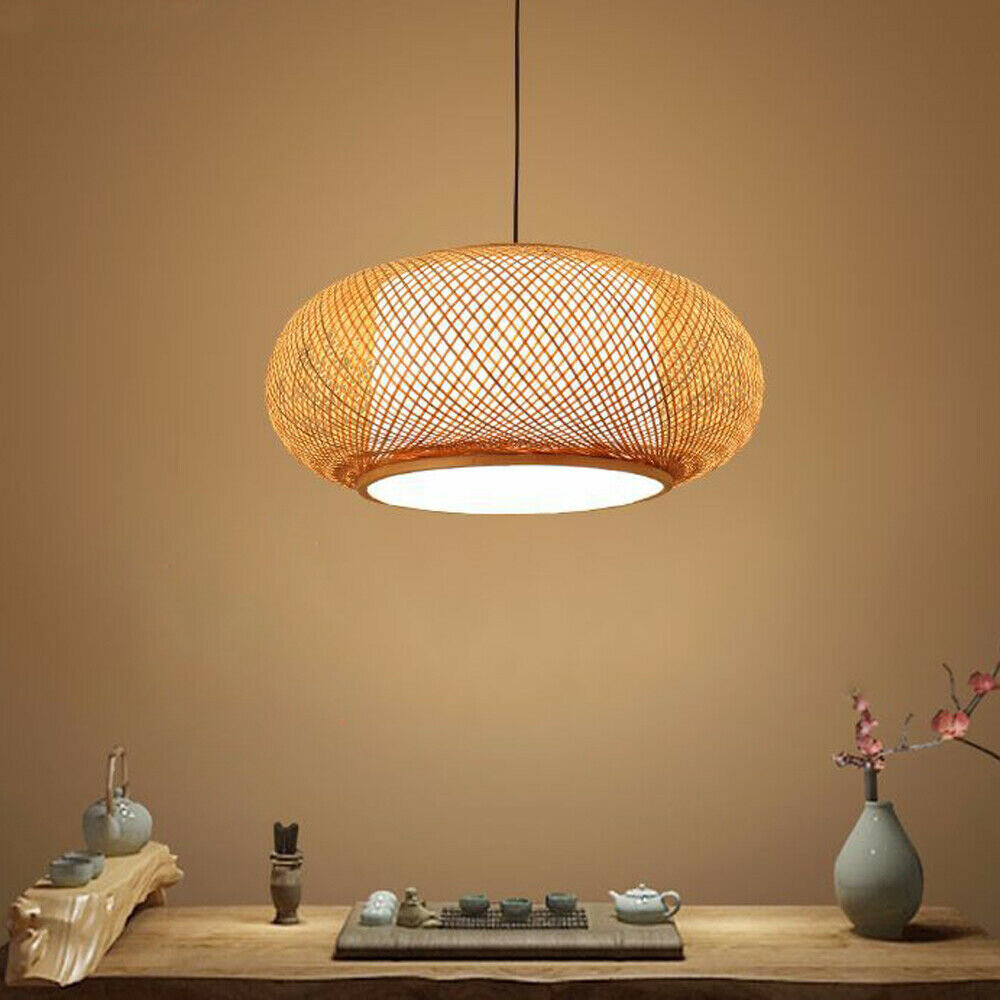 Country House Hanging Light Rattan Hand-Woven Wood Pendant Light Round Bamboo Lampshade Dining Room Lamp Retro Chandelier Kitchen Dining Table Hanging Living Room Bedroom Ceiling Light E27-30 cm 