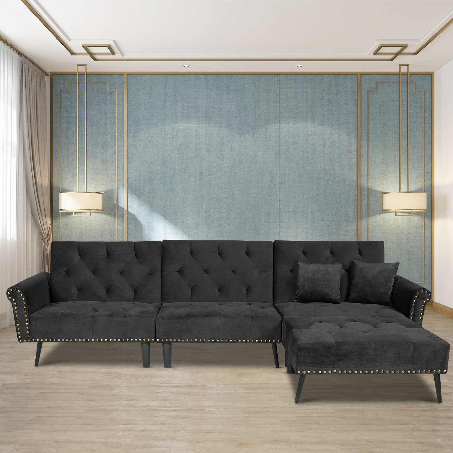 Comfortable And Soft Velvet Sofa Bed, Modern And Stylish Rivet Upholstered Couch With Chaise, Adjustable Back Sofas For Living Room/Bedroom, Black Comfortable And Soft Velvet Sofa Bed, Modern And Stylish Rivet Upholstered Couch With Chaise, Adjustable Back Sofas For Living Room/Bedroom, Black