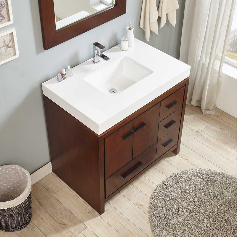 Millwood Pines 36 Red Chestnut Single Sink Bathroom Vanity With White Solid Surface Top Wayfair
