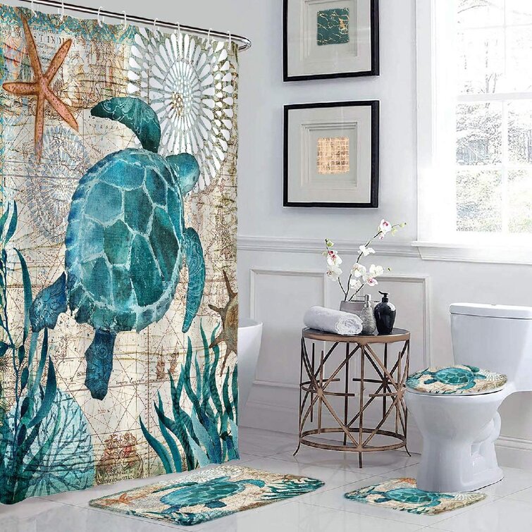 Blue Sea Turtle Art Shower Curtain Bath Mat Toilet Cover Rug Bathroom Decor Set 