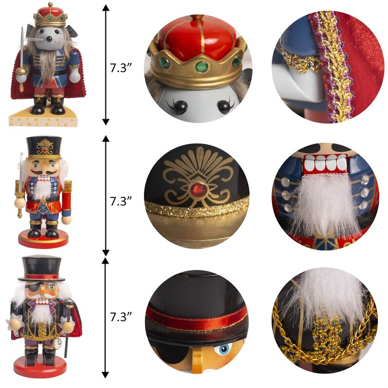 7 Inch Handmade Wooden Mouse King Soldier and Pirate Traditional Nutcracker Decorations for Fall Festive Christmas Desktop Collectible Decor FUNPENY 3 Set Christmas Nutcrackers Figures 