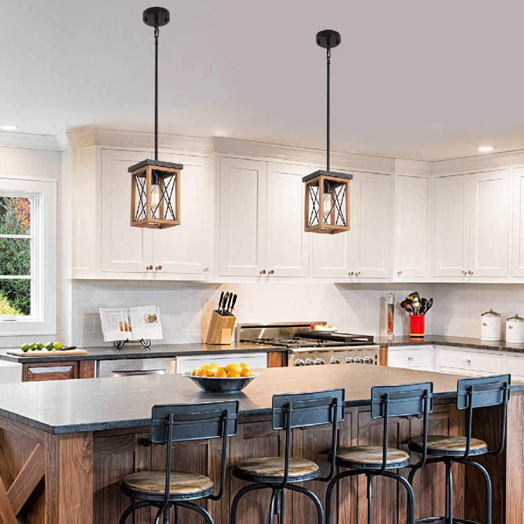Rustic Farmhouse Pendant Light With Wood And Metal Cage, One-Light Adjustable Chains Industrial Mini Pendant Lighting Fixture For Kitchen Island Sink ...
