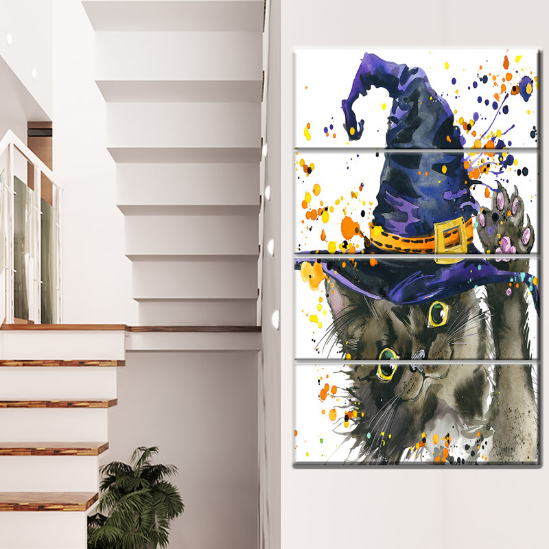 Designart Halloween Cat And Witch Hat 4 Piece Painting Print On Wrapped Canvas Set Wayfair
