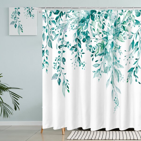 Multi-Color Pond Design Fabric Shower Curtain Bath Set with 12 Curtain Hooks 