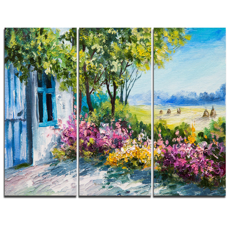 Designart Garden Near The House 3 Piece Painting Print On