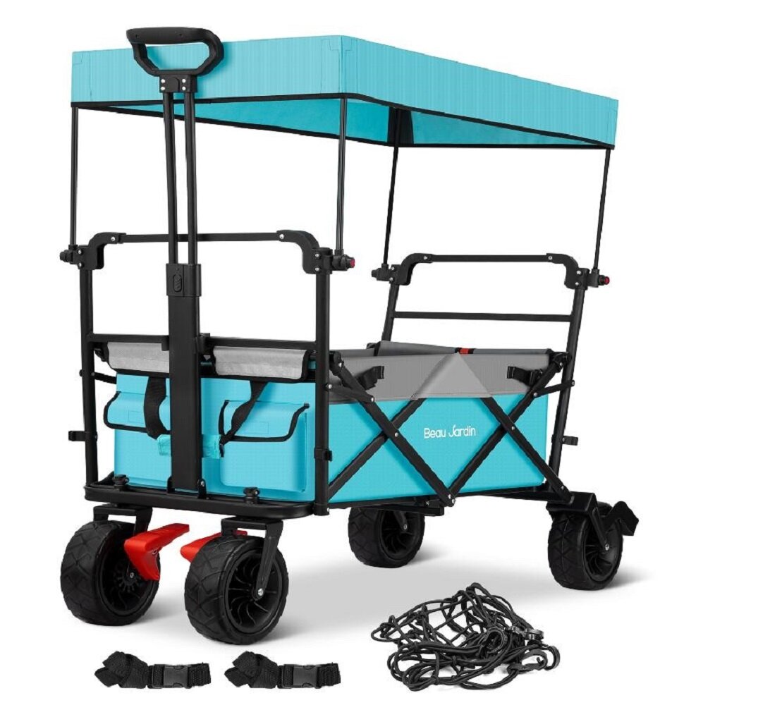 Collapsible Heavy Duty Folding Wagon Cart Utility Wagon with All Terrain Beach Wheels Adjustable Handle Large Capacity Rolling Buggies Outdoor Garden cart for Beach Camping Shopping Sports Portable 