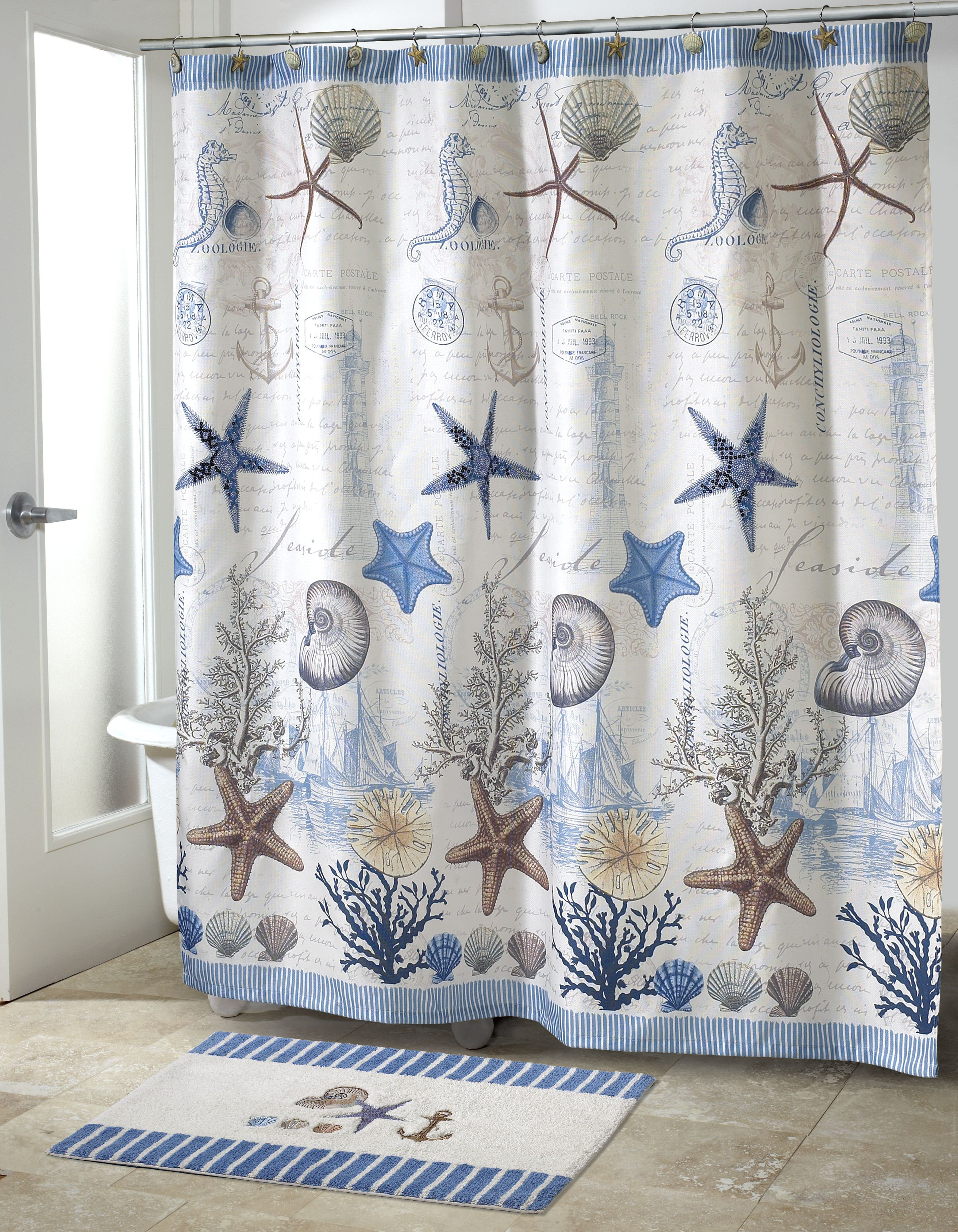 Nautical Shower Curtain Marine Icons Starfish Print for Bathroom Fabric Hook 72" 