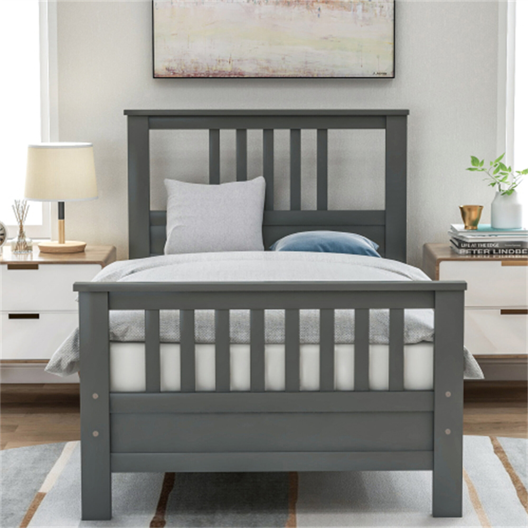 Details about   Twin/Queen Upholstered Bed Frame With Wood Slats Button Platform Headboard Bed 