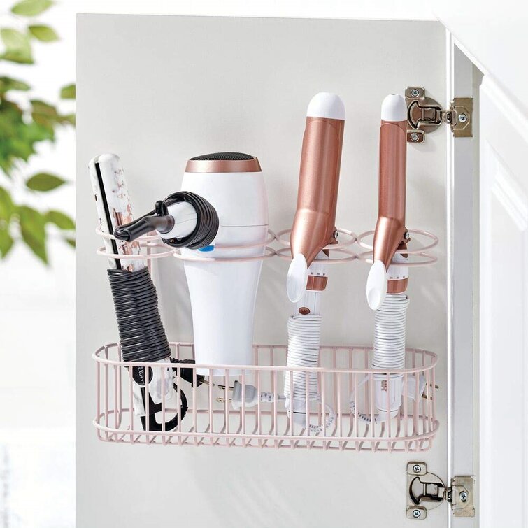 Flat Iron White Hair Straightener Brushes mDesign Metal Wire Cabinet/Wall Mount Hair Care & Styling Tool Organizer Holds Hot Tools Bathroom Storage Basket for Hair Dryer Curling Wand 