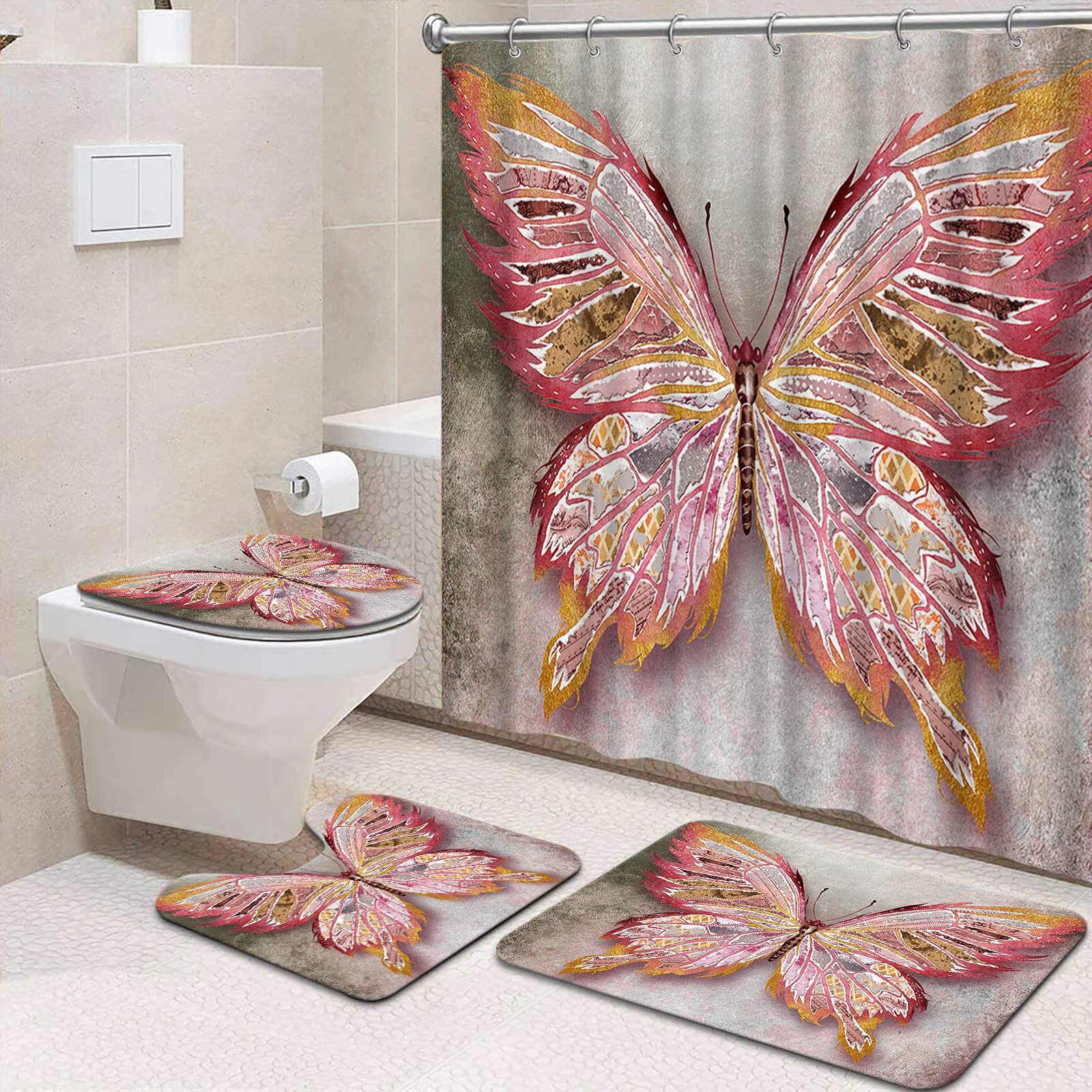 Leopard Print Shower Curtain Set Bathroom Rug Non Slip Bath Mat Toilet Lid Cover 
