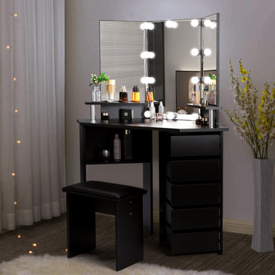 Greyden Vanity Set With Stool, 5 Rorating Drawers And Mirror