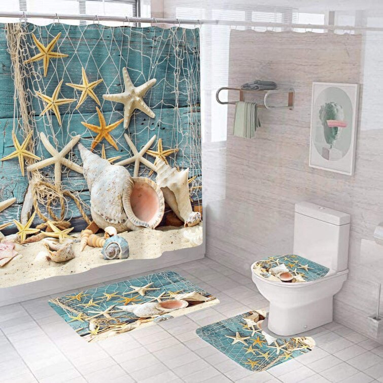 Beach Starfish Shell Shower Curtain Set Bathroom Mat Polyester Fabric w/12 Hooks 