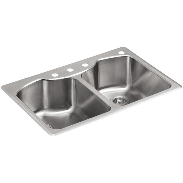 Octave 33%22 X 22%22 Top Mount Double Equal Kitchen Sink With Four Faucet Holes 
