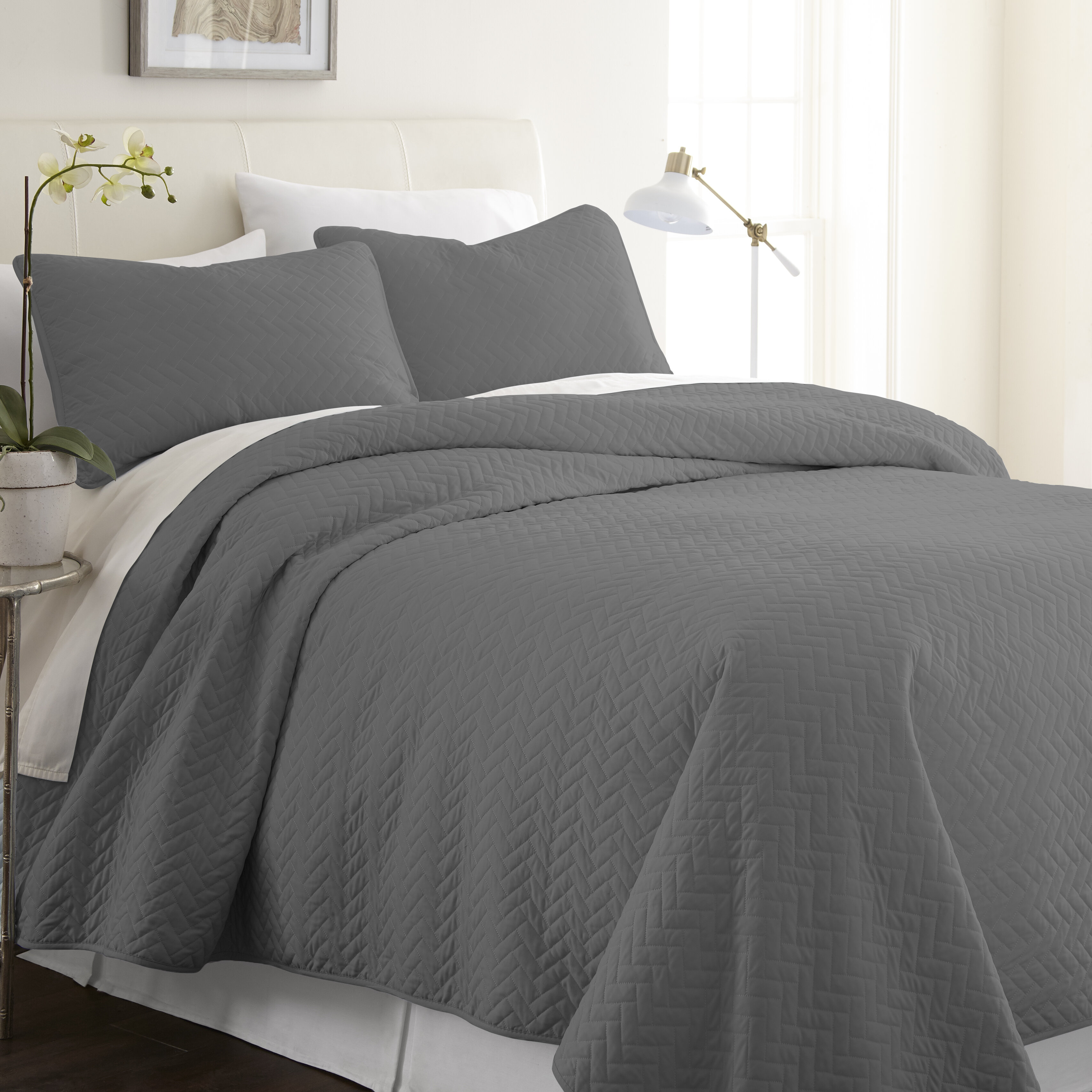 2 Pcs TEMPCORE Quilt Set Coverlet Grey Bedspread All Season TWIN Grey Check 