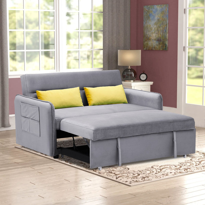 Ebern Designs Thimo 54'' Velvet Square Arm Sofa Bed with Side Pockets ...