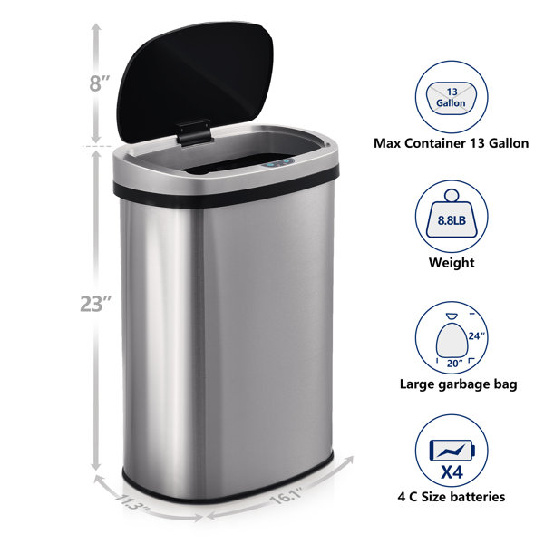 Innovaze 13 Gallon Stainless Steel Oval Kitchen Motion Sensor Trash Can ...