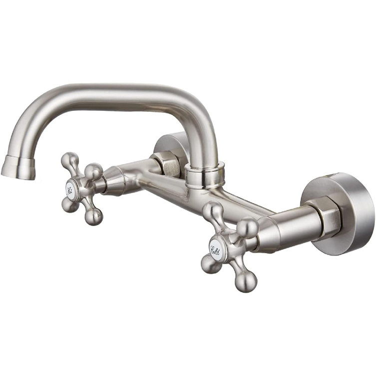 Wall Mount Kitchen Sink Faucet For 6 Inch(15Cm) Spout Reach 8 Inch Center  Adjustable Center Double Cross Handles Hot And Cold Water Mixer Tap 360 ...