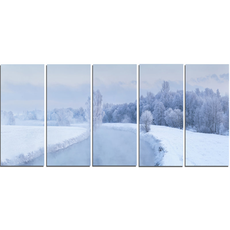 Designart Blue Frosty Winter Weather Panorama 5 Piece Wall Art On