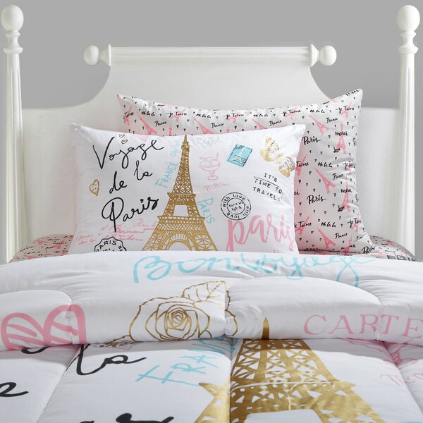 White Black Pink Paris Eiffel Tower Complete Bed Comforter set For Girls/Teens 