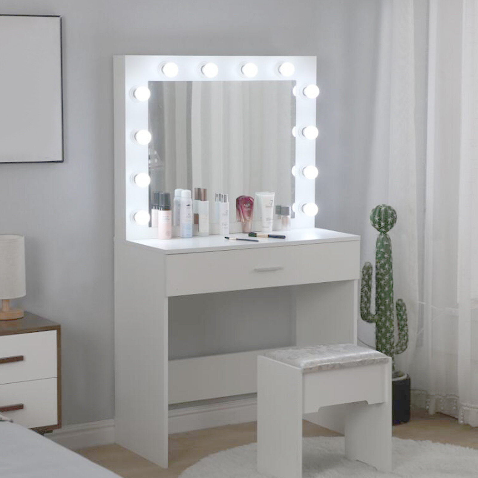 Latitude Run Vanity Set With Lighted Mirror Cushioned Stool Dressing Table Makeup Table Wayfair