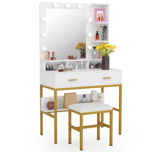 Everly Quinn Vanity Table Set With Lighted Mirror And Stool Makeup Vanity Makeup Deske With 9 Lights 2 Drawers And Storage Shelves Makeup Vanity Reviews Wayfair Ca