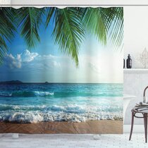 Nautical Palm Tree Ship Ocean Bathroom Fabric Shower Curtain Mat 12Hooks 72x72" 