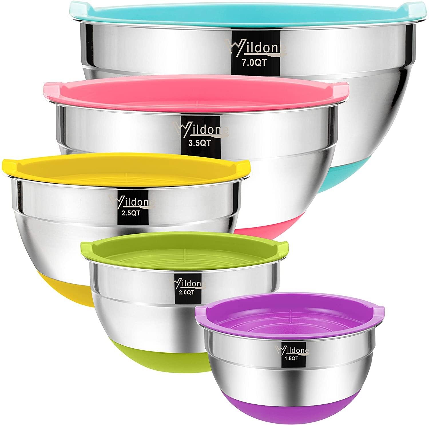 Wisdomfurnitureco Mixing Bowls With Airtight Lids Stainless Steel Nesting Mixing Bowls Set Of 5 With Non Slip Colorful Silicone Bottoms Size 7 3 5 2 5 2 1 5qt Ideal For Mixing Serving Wayfair