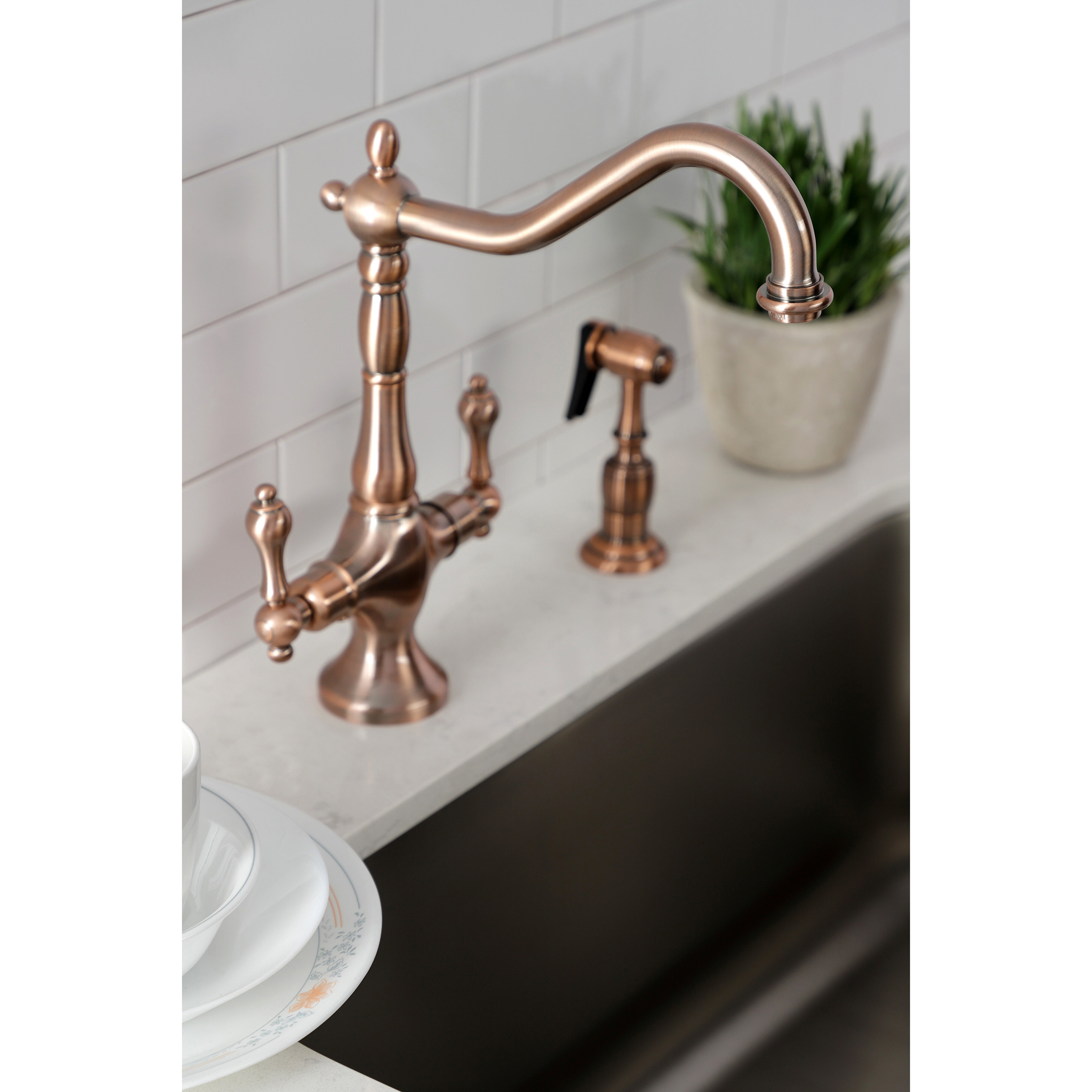 Kingston Brass Heritage Double Handle Kitchen Faucet With Optional Side Spray Reviews Wayfair
