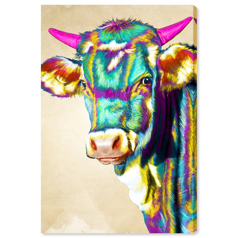 Latitude Run Colorful Glam Cow Wrapped Canvas Acrylic Painting