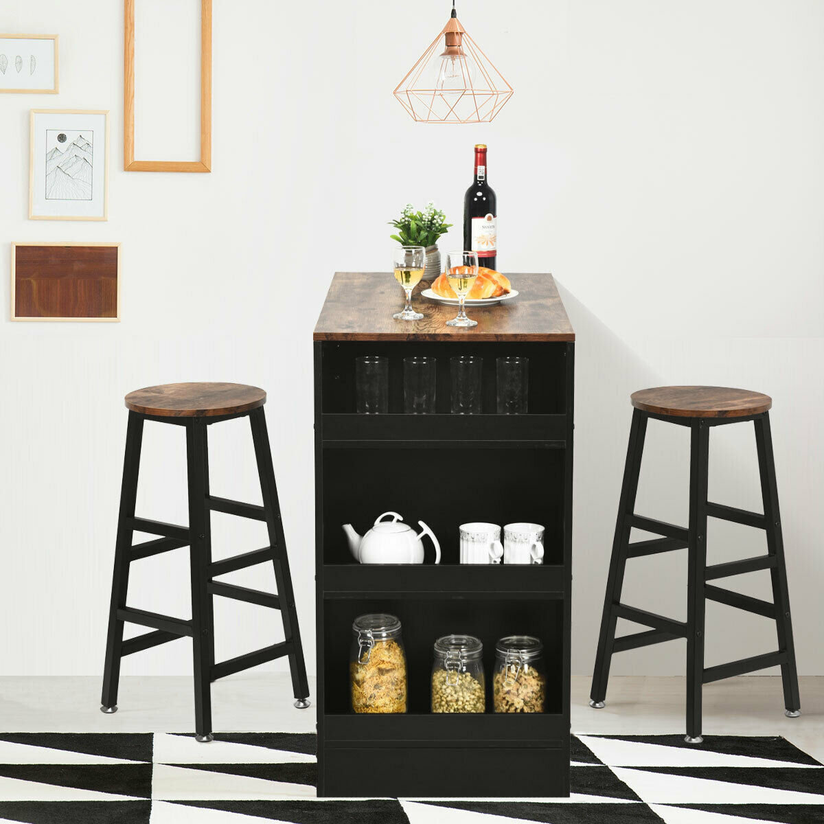 bar table with storage and stools