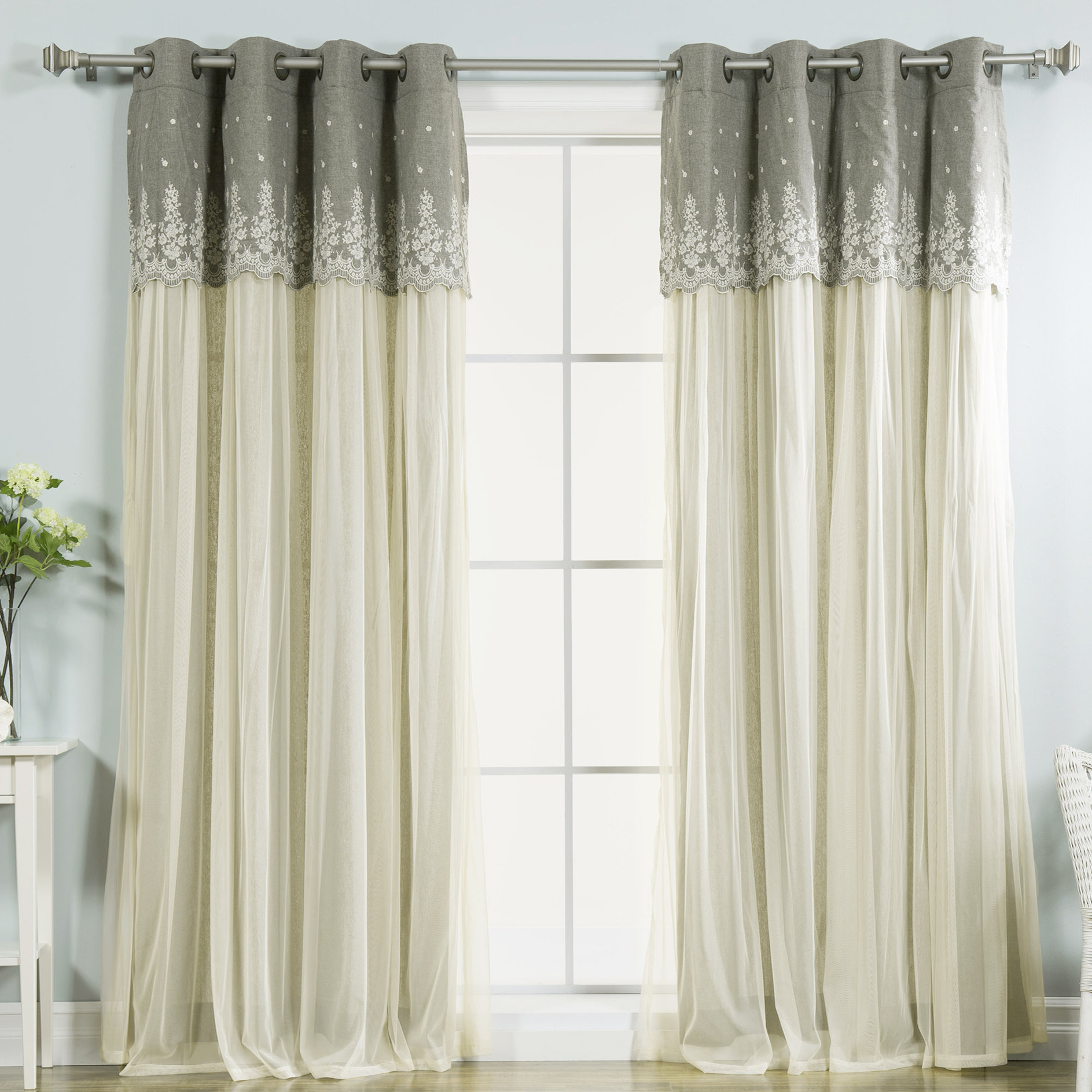 Rosdorf Park Upton Lace Overlay Floral Sheer Rod Pocket Curtain