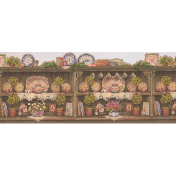 August Grove Bourgoin Vintage Wooden Kitchen Cabinets With Plates Cups Plants Trays Kettle Wide 9 5 L X 180 W