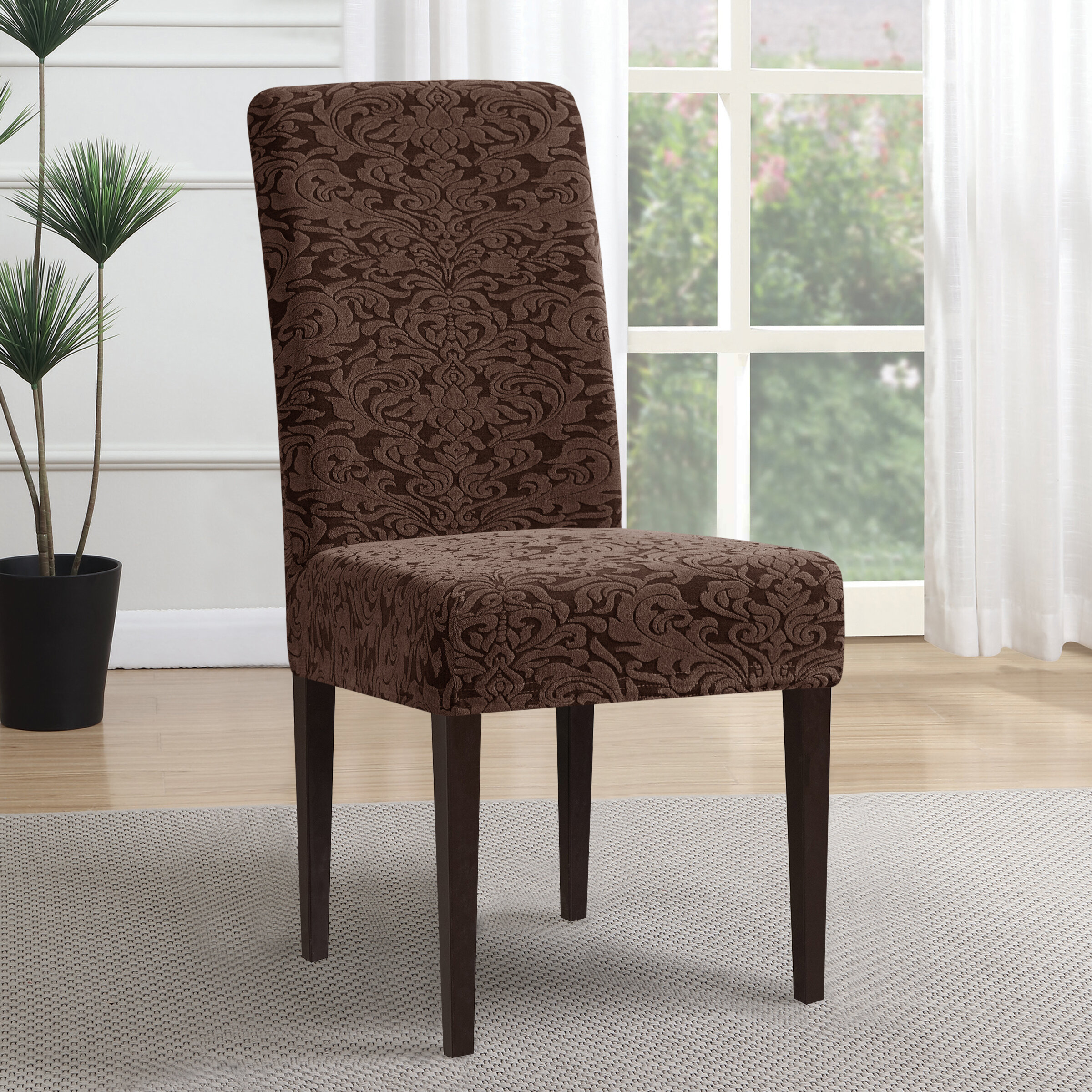 sure fit stretch jacquard damask short dining chair slipcover