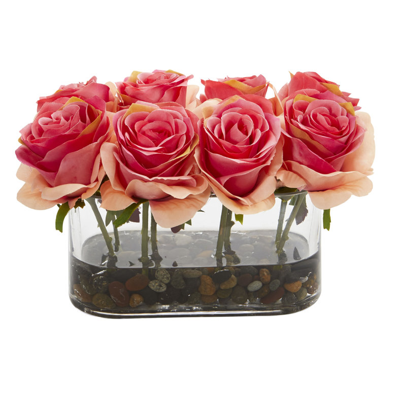 Rosdorf Park Blooming Artificial Roses Floral Arrangement In Vase Reviews Wayfair