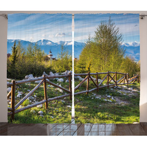 Brin Farm House Idyllic Scene with Tree Trunk Plank and Snow Mountain Range the Alps Photo Graphic Print & Text Semi-Sheer Rod Pocket Curtain Panels (Set of 2)