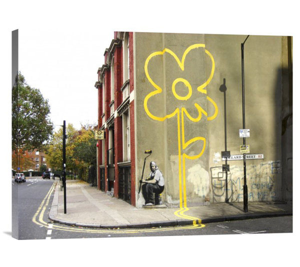 Yellow Flower Graffiti Urban Banksy Street SINGLE CANVAS WALL ART Picture Print
