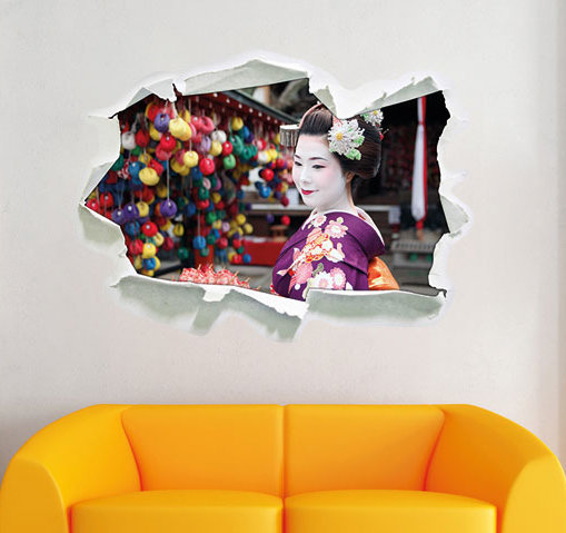 3D-Look Herz Wandtattoo Aufkleber-Sticker Anmutige Geisha mit Fächer