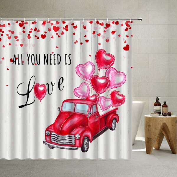 The Holiday Aisle® Red Truck Valentine Shower Curtain Set With Romantic ...