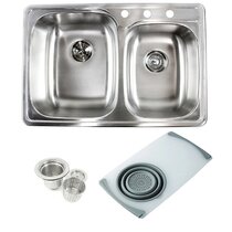 33 x 22 x 7 33 x 22 x 7 PROPLUS GIDDS-2474249 3-Hole Double Bowl Kitchen Sink 22-Gauge Stainless Steel 