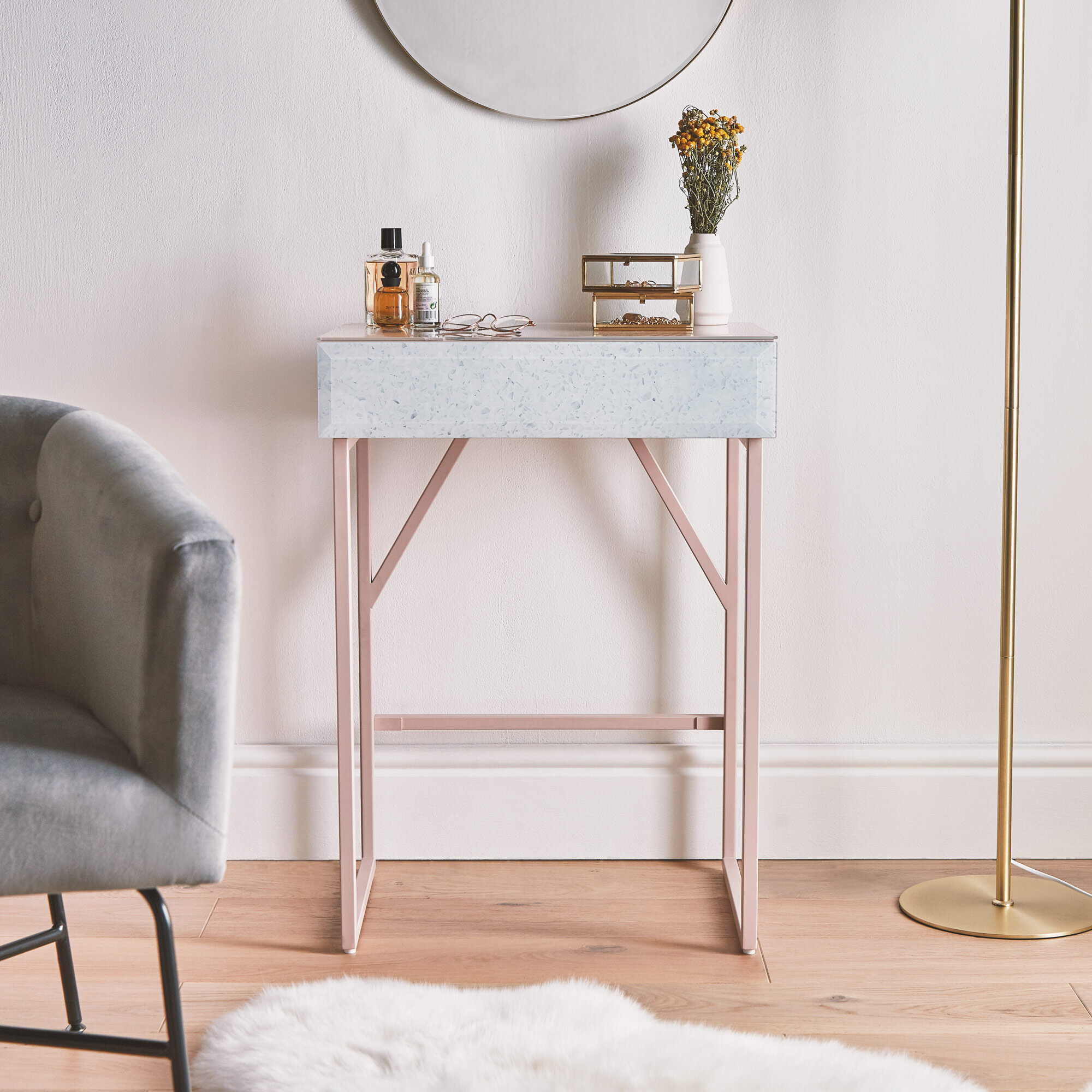 grey and pink dressing table