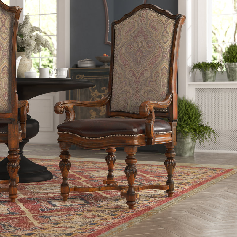 Astoria Grand Evelyn Leather Upholstered King Louis Back Arm Chair In Dark Oak Wayfair