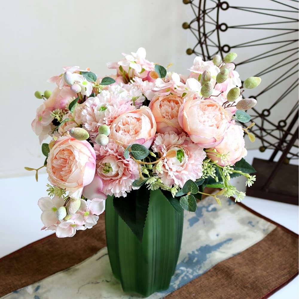 Fake Peony Silk Hydrangea Flower with Vase Flower Décor Arrangements Decoration Table Centerpieces Artificial Flowers Pink with Vase Set